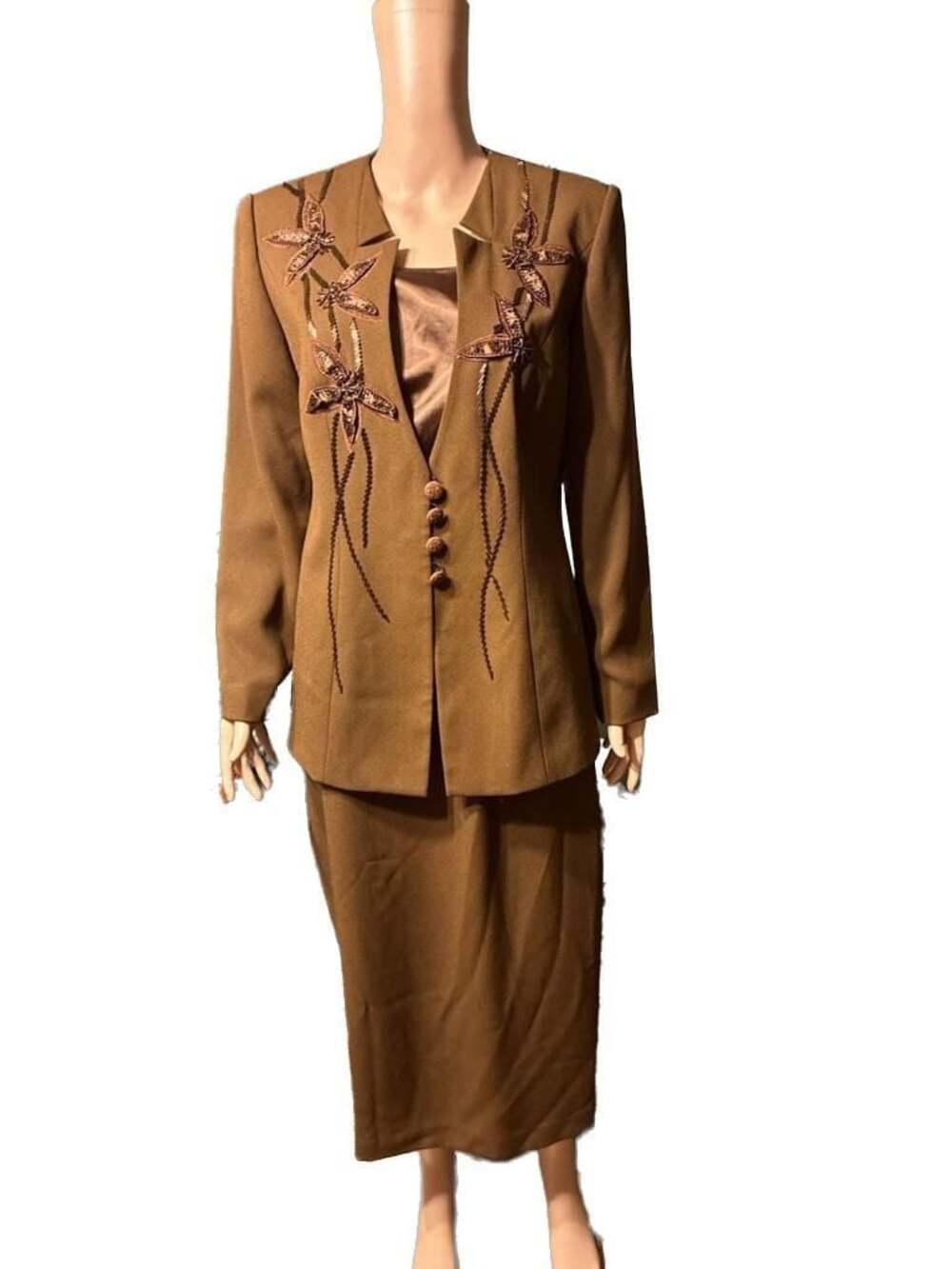 Ben Marc International Women's Brown Skirt Suit with Floral Beaded Embroidery